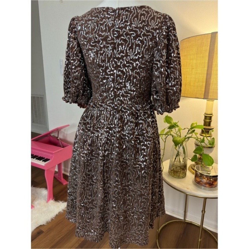 Moon River Brown Sequin Square Neck Puff Sleeve Knee Length Dress Small - Picture 6 of 9
